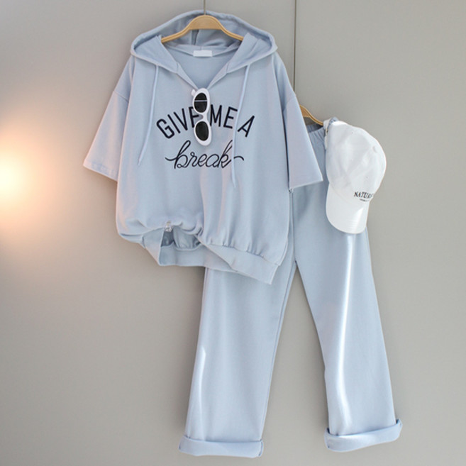 달콩 기브후드맨투와이드팬츠세트 여성 빅사이즈 상하의세트 허리밴딩 긴바지 반팔 운동복 여름츄리닝세트