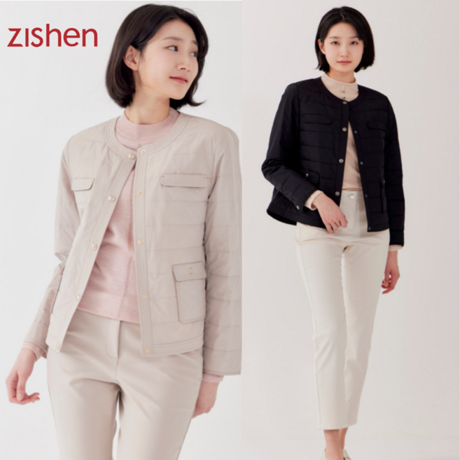 [지센창원] 여성 퀼팅 라운드넥 자켓형 간절기 경량 패딩 점퍼 2색 LCJPP123