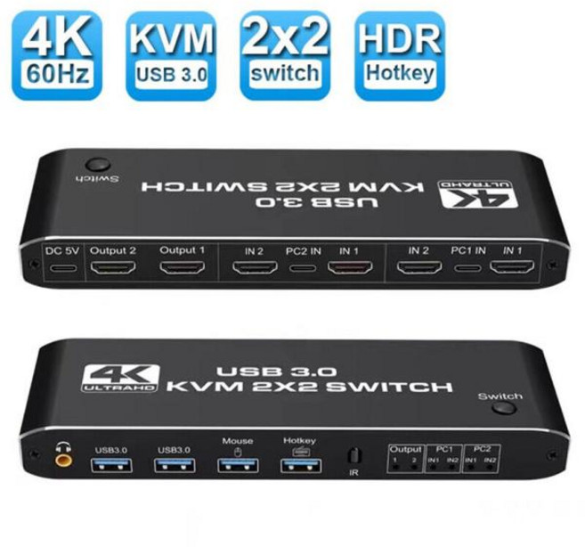 2x2 HDMI KVM 스위치 4K 60Hz 듀얼 모니터 KVM HDMI 확장 디스플레이 USB KVM 스위처 2 인 2 아웃 2 컴퓨터 공유 2 모니터, 1개