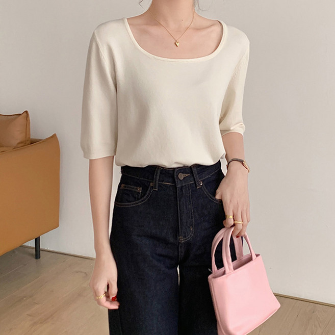 딜리아 반팔 니트 봄 여름 스퀘어넥 베이직 심플 데일리