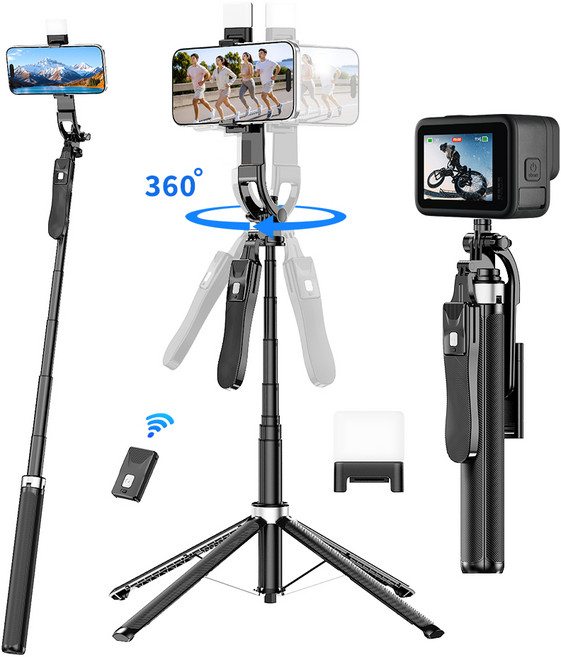NICESUN 블루투스 휴대폰 삼각대 그립 핸들 사각 지지 알루미늄 합금 바디 스마트폰 / 카메라 / 고프로 삼각대 셀카봉 180cm S18, 차콜블랙+LED