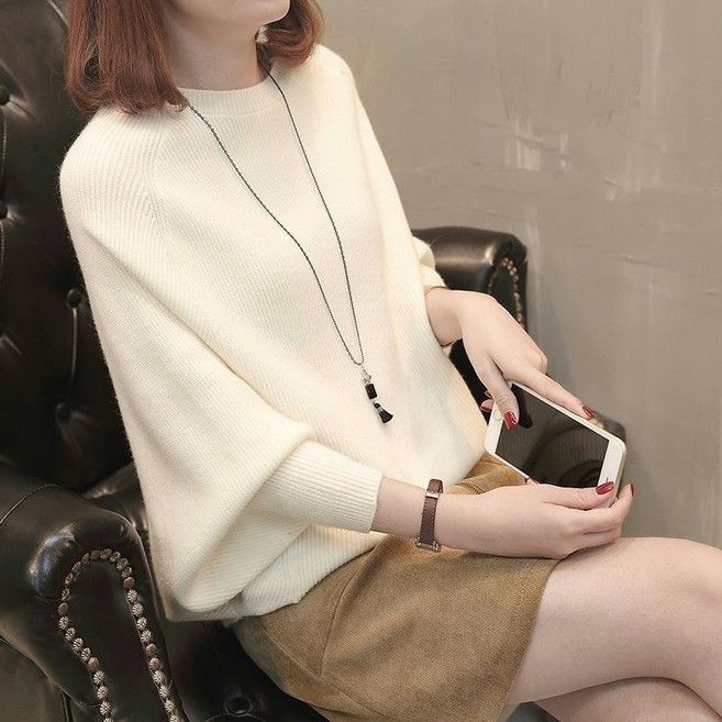 미중 여성 추동 뉴 박시 다양한 가오리 슬리브 바탕 니트 외투 라운드넥 스웨터 yy