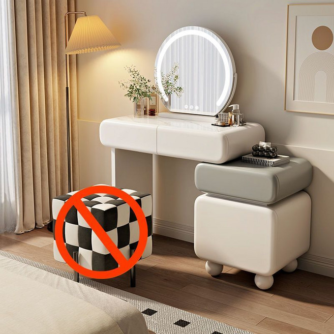 LED 조명 확장형 서랍 화장대 세트 아파트 겸용 책상, 그레이&화이트 수납장+원형거울