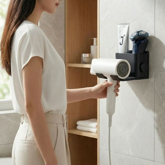 LACOAND 드라이기 거치대 무타공 욕실 걸이 강력접착 수납형, 1개, 딥블랙