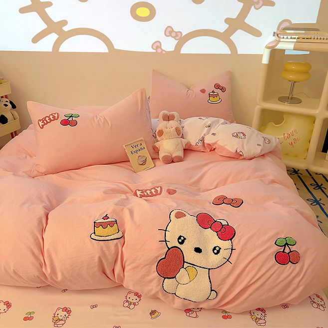 초극세사 구름면 타월 자수 4종 세트 귀여운 캐릭터 이불 커버 침대 시트 순면 3종 세트