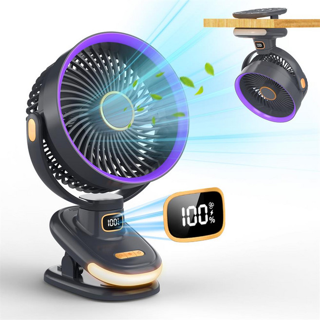 THOUSTA 휴대용 클립형 선풍기 무소음 무선 집게형 다기능 탁상용 벽걸이 무드등 써큘레이터, 그레이