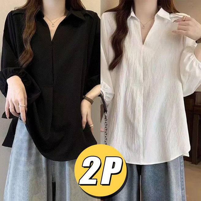 1+1 여성 기본 셔츠 블라우스 빅사이즈 봄여름 브이넥 캐주얼 데일리 상의