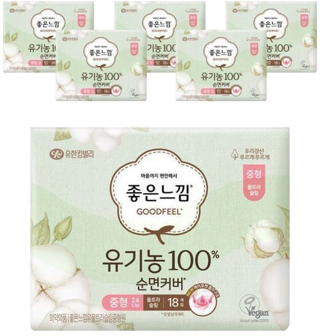 100 순면커버 울트라슬림 중형 18매X6팩 얇고 편한 좋은느낌 생리대, 18개입, 6개