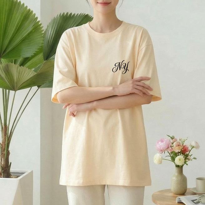 스타일아유 여성 루즈핏 반팔티 고중량 240g 컴팩트 면100% NY 레터링 라운드 오버핏 티셔츠 면티 롱티셔츠 2026 여름신상 TS3956