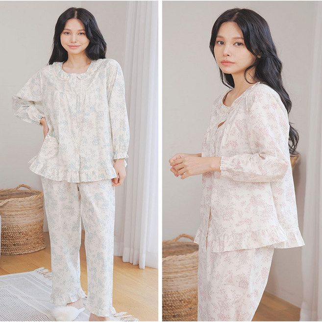 이너해피 60수 아사면 꽃무늬 긴팔 상하 세트