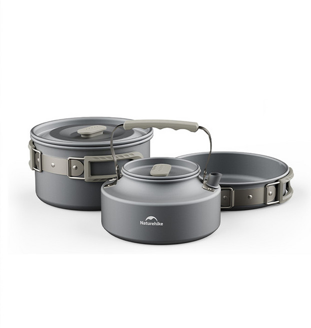 네이처하이크 아웃도어 캠핑 조리 도구 1.7L 냄비 + 7인치 프라이팬 + 0.8L 주전자 세트, 블랙, 1세트