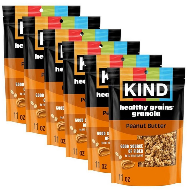 KIND Healthy GRAINS 그래놀라 건강한 간식 치아 씨앗이 함유된 라즈베리 그래놀라 스낵 믹스 325ml(11온스) (6팩), Peanut Butter
