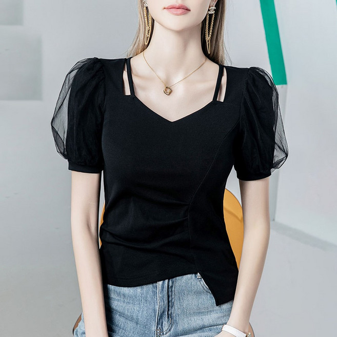 Asure 여자 여름 브이넥 블랙 망사 패치 퍼프 소매 언밸런스 밑단 반팔 티