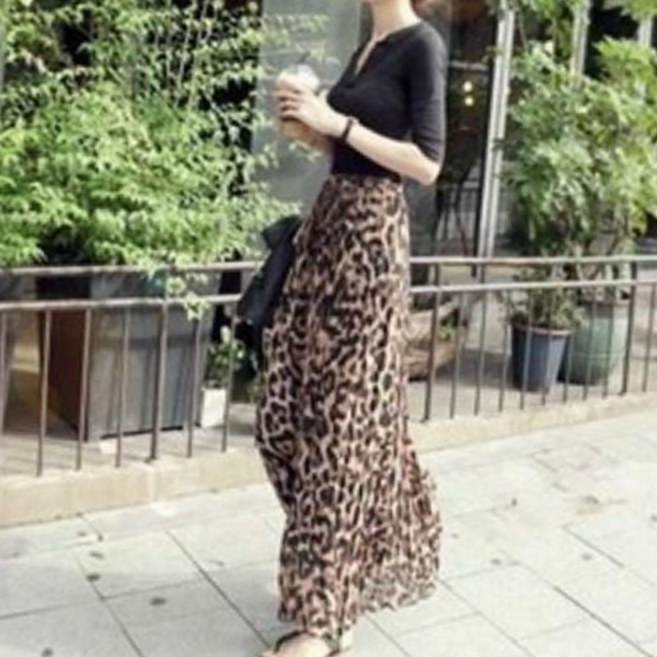 여성 롱 스커트 플레어 밴딩 패턴 여성 쉬폰 스커트 치마 호피 허리