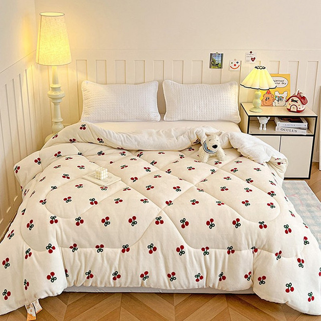 부드러운 따뜻한 밀크플리스 & 양털플리스 프린팅 양면 이불, 체리 알갱이