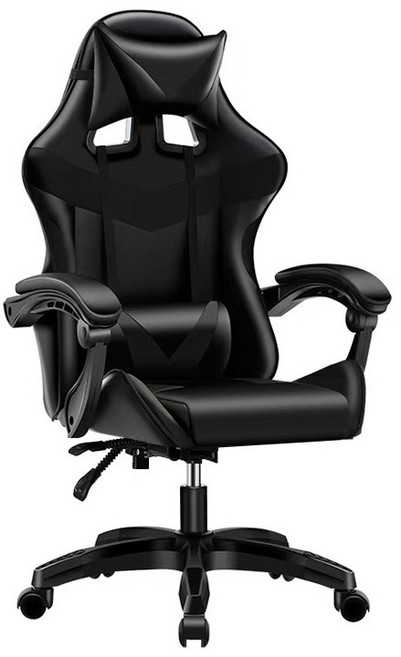 인체공학 디자인 컴퓨터 의자 사무 책상 의자 헤드레스트 요추받침 팔걸이 각도조절 가능 장시간 앉아도 편안한 게이밍 학생 재택근무용 의자, 블랙