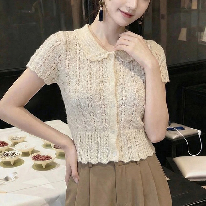 DUOMIHAN여성 케이블 가디건 카라넥 버튼 니트 반팔 상의WZS60417