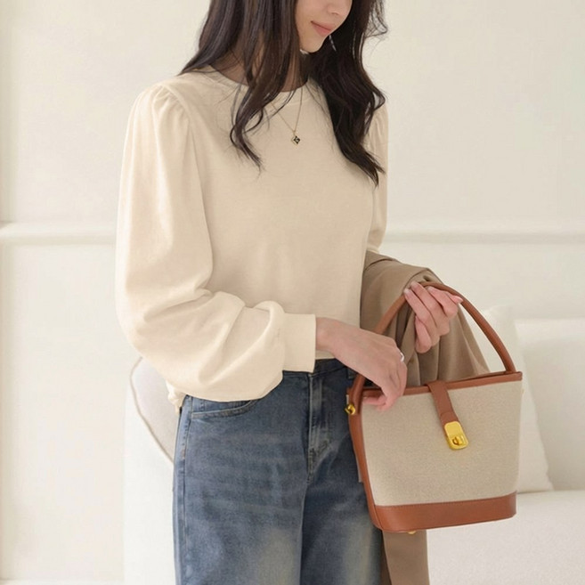 데일리앤 포드 여성 셔링 퍼프 긴팔 무지 기본 이너 티셔츠