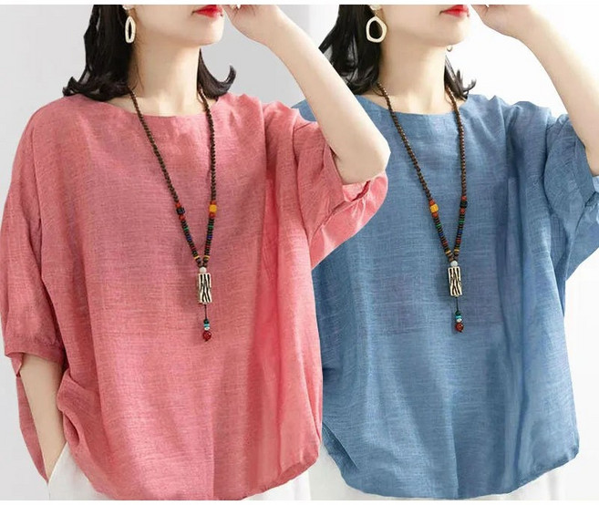 녕동 빅사이즈 여성 1+1 반팔 티셔츠 문예 라운드넥 캐주얼 여름 얇은 가오리핏 이너 티셔츠