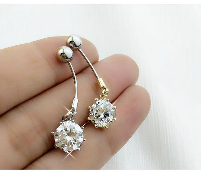 垂墜式鋯石肚臍環 醫用鋼細針穿刺臍釘, 金色, 1個
