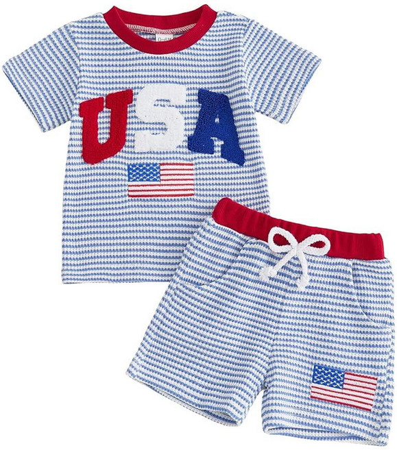 FYBITBO Baby Boy 4th/Fourth of July Outfit Toddler Usa Shirt American Flag Shorts 4th of July Summ, Stripe Blue Usa