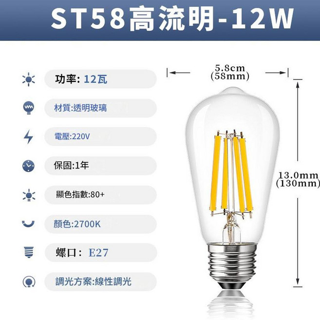 ST58愛迪生LED燈泡 透明可調光, ST58高流明 12W - E27 - 220V 2700K, 1個