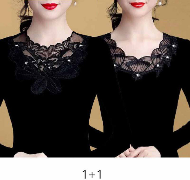 1+1 중년 여성 긴팔티 봄 가을 패션 긴팔 레이스 탑 우아한 디자인 고급 스타일 YLP