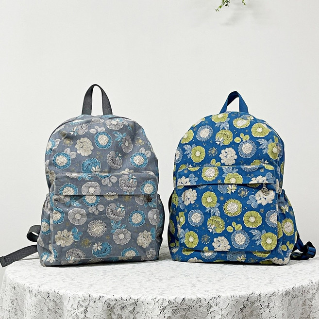 [자체제작] 북유럽 감성 린넨 핸드메이드 패브릭 백팩 블루 그레이 배낭 여행 가방 책가방