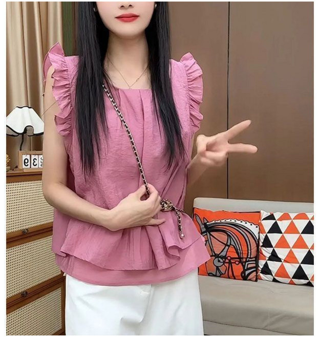 Choyur여성 여름 반팔 블라우스 날개 소매와 주름 디자인wjj