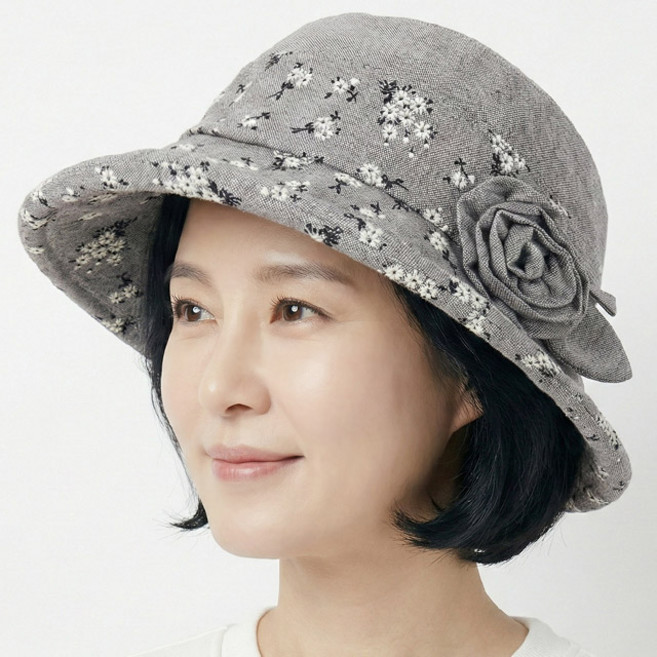 베이직엠 중년 여성 가을모자 벙거지 린넨 꽃패턴 둥근챙 사이드 진주꽃