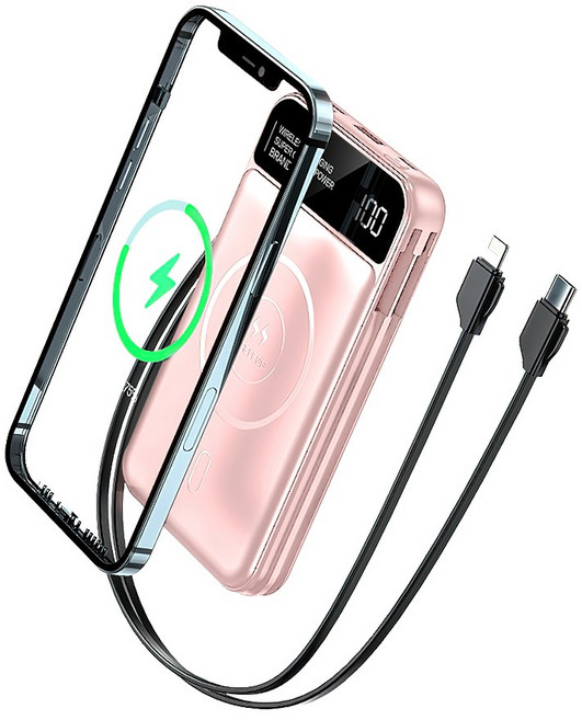 RUN 기술 삼성 아이폰 안드로이드 호환 고속 대용량 보조배터리 20000mAh 10000mAh 무선 충전 유선 포함 가벼운 미니 사이즈, 핑크색