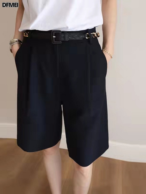 DFMEI 梨型身材BI入~西裝短褲女夏季薄款氣質通勤高腰直筒闊腿五分中褲