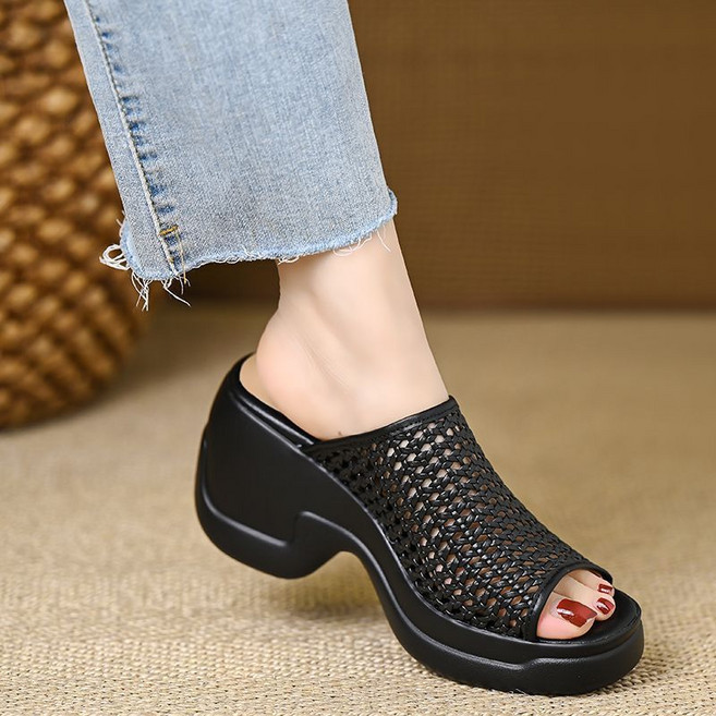編織鏤空羅馬涼拖鞋 外穿粗跟百搭防滑拖鞋, 23.5 cm, 黑色