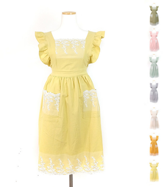 PNK KOREA 레이스 프릴 원피스 앞치마, 1개, 머스타드 옐로우