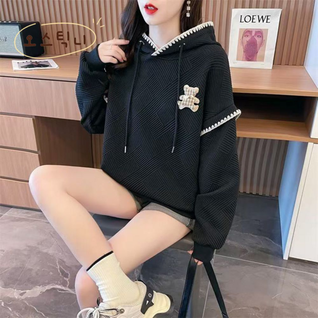 오스틱니 여성 초특가 봄가을 외출용 캐주얼 배색 곰돌이 패치 디자인 환절기 긴팔 후드티