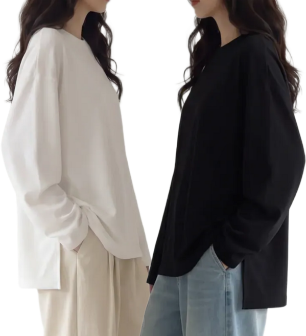 우니크 1+1 여성용 옆트임 오버핏 레이어드 긴팔 티셔츠