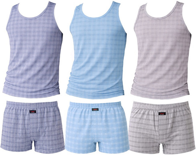 이너스 남성용 니트면 연 체크 런닝 트렁크 상하의 3종 세트 1204