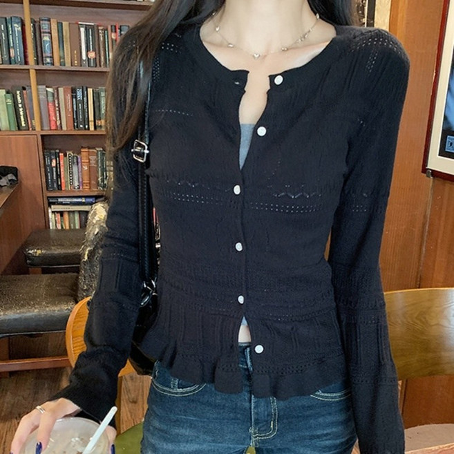 아이엠몽 여성 프릴 펀칭 슬림 가디건