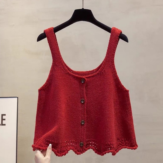 ROYALBELLE 여성 프릴 밑단 루즈핏 베스트 레이어드 니트 U넥 싱글버튼 조끼 Z0122706