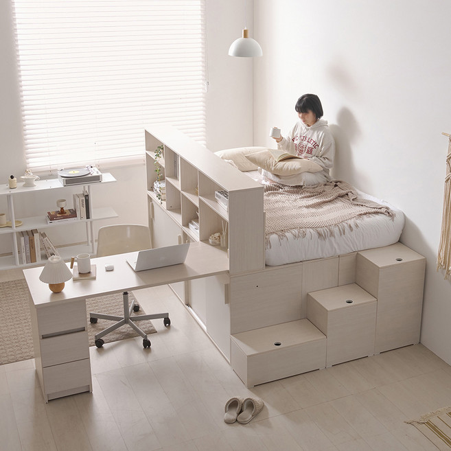 올인원 시즌2 파티션 슬라이딩 빅수납침대 SS B형 (1200책상포함) +매트 2Colors 슬라이딩도어 대용량수납 원룸침대 벙커수납 슈퍼싱글 3단계단수납 높은침대 공부책상, 워시화이트, 고급형 본넬 매트리스 SS