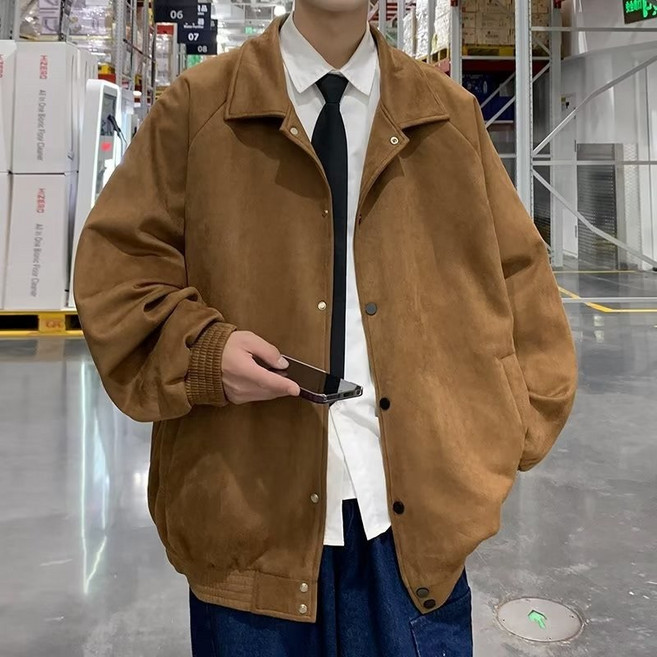 AOKADA 남성 봄 가을 빈티지 루즈핏 카라 스웨이드 자켓 아우터