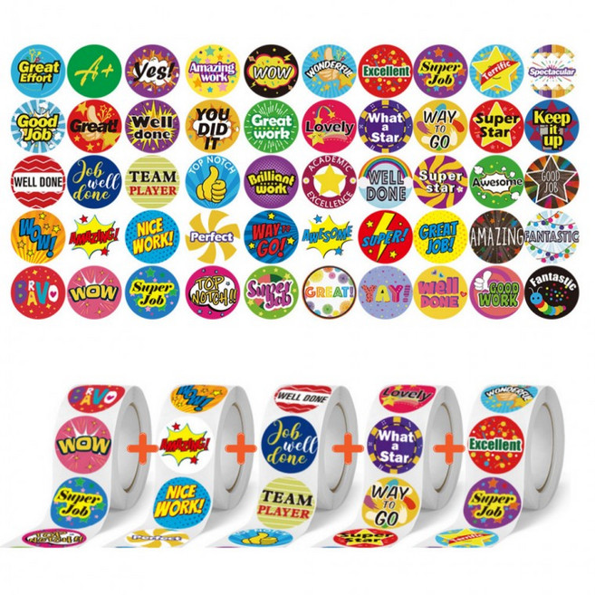 1000매 5롤 영문 칭찬 동기부여 스티커, 1세트, 혼합(S1516)1000개입