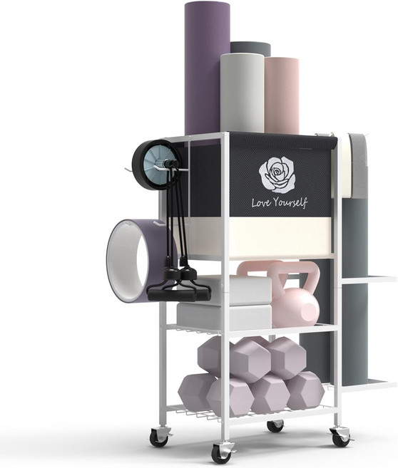 요가 매트 보관 랙 홈 체육관 운동 기구 보관용 피트니스 웨이트 온 휠 블록 폼 롤러 저항 밴드 덤프벨 케틀벨 및 기타 액세서리, White