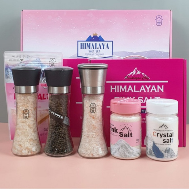 소금명가 히말라야 핑크솔트+그라인더 선물세트 6+1 행사 장례식 조문 장례 결혼답례품 함초소금 블랙소금, 3종(250gx2 + 그라인더180g_PP), 1세트