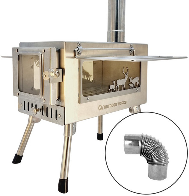 아웃도어웍스 화목난로 캠핑난로 3면 불보기창 늑대스킨 캠핑화목난로 장작난로, a.-4.추가연통(엘보기억자)