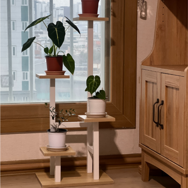 가아덴 화분진열대 화분정리대 거치대 식물 선반 다이, 4단, 화이트프레임+우드받침