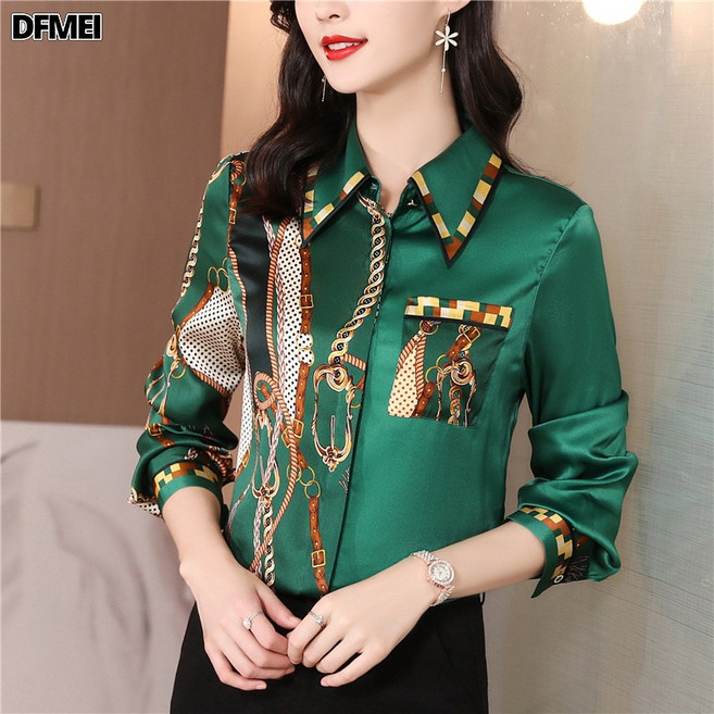 DFMEI 貴夫人真絲襯衫女春季長袖桑蠶絲印花時尚寬鬆女士上衣女