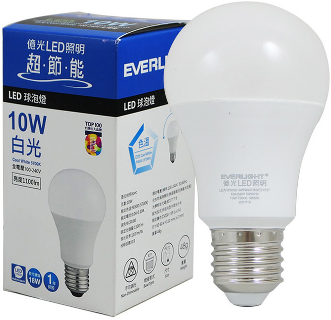 億光EVERLIGHT LED球泡燈 10W 3000K 全電壓 100-240V 亮度1055lm, 白光, 1個