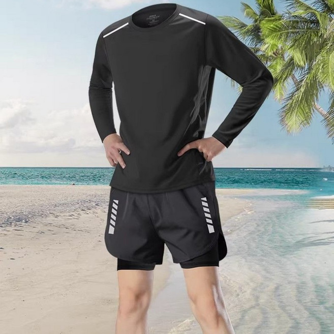 남성래쉬가드 상하 2종 세트 비치레깅스반바지 휴양지 바캉스룩, 블랙 세트