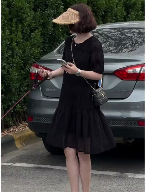 法式時尚肌理感短袖A字連衣裙女2026夏新款洋氣減齡中長裙, 黑色,XL